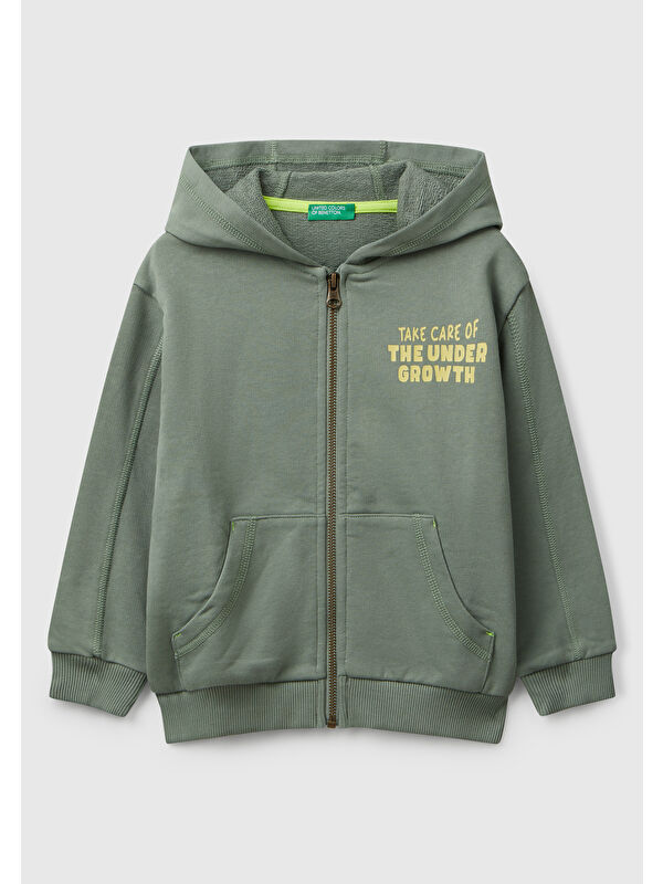 United Colors Of Benetton Erkek Çocuk Haki Baskılı Fermuarlı Kapüşonlu Relaxed Fit Sweatshirt