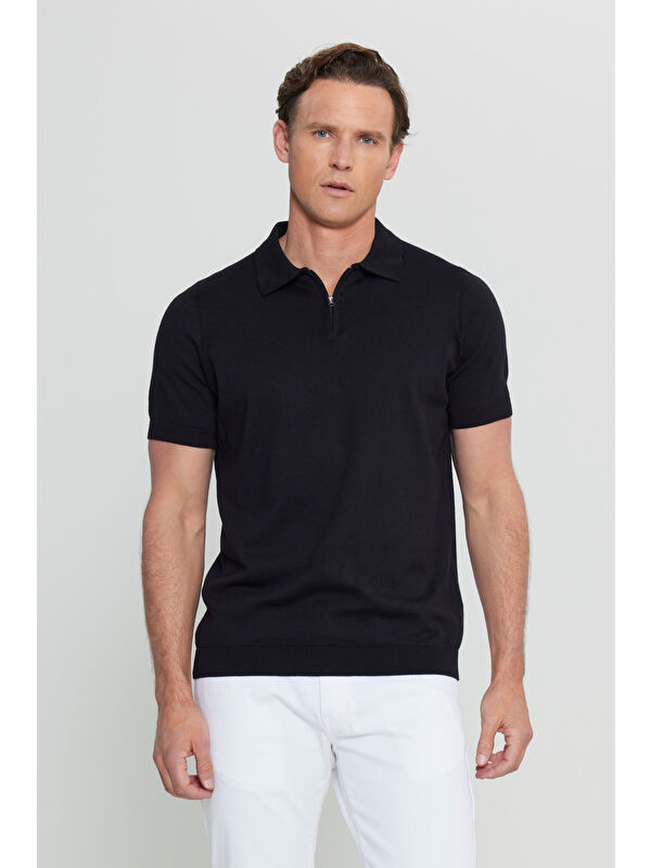 AC&Co / Altınyıldız Classics Erkek Siyah %100 Pamuk Standart Fit Normal Kesim Polo Yaka Triko Tişört