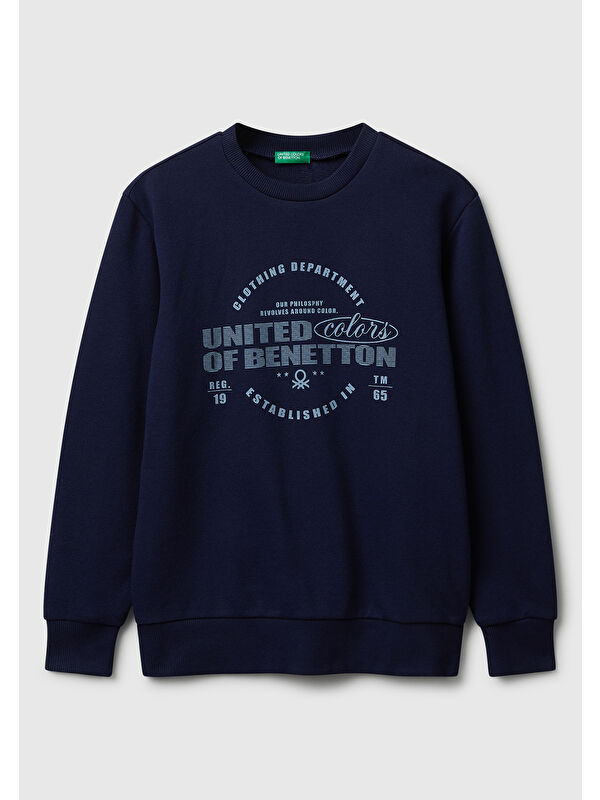 United Colors Of Benetton Erkek Çocuk Lacivert Önü Logo Baskılı Bisiklet Yaka Regular Fit Sweatshirt