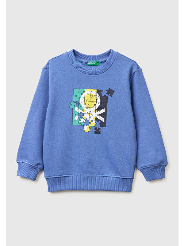 United Colors Of Benetton Erkek Çocuk Havacı Mavi Önü Logo Baskılı Yuvarlak Yaka Sweatshirt