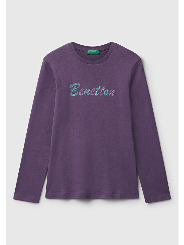 United Colors Of Benetton Kız Çocuk Mor Parıltılı Logo Baskılı Regular Fit Uzun Kollu T-shirt