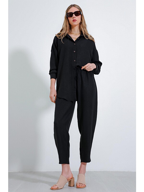 Bigdart Kadın Siyah Oversize Keten Alt Üst Takım 6622