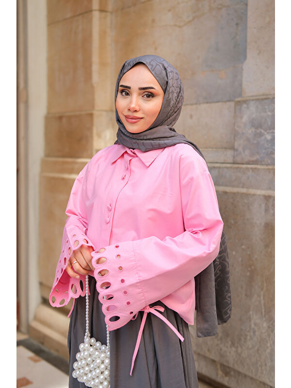 Locco Moda Kadın Kolu Nakışlı Gömlek Pembe