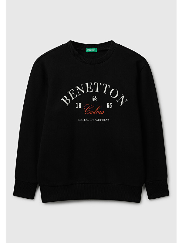 United Colors Of Benetton Erkek Çocuk Siyah Önü Logo Baskılı Bisiklet Yaka Regular Fit Sweatshirt