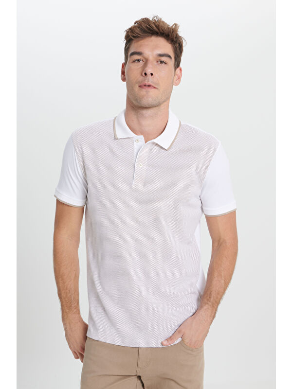 Altınyıldız Classics Erkek Bej-Beyaz Slim Fit Dar Kesim Polo Yaka Jakarlı Tişört
