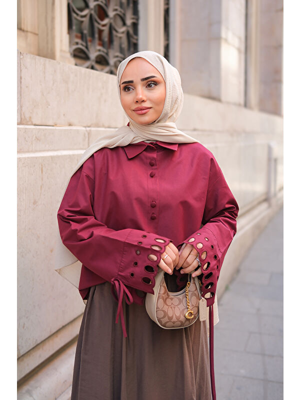 Locco Moda Kadın Kolu Nakışlı Gömlek Bordo