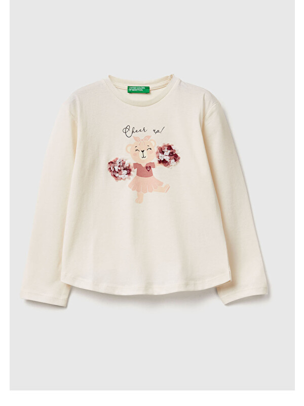 United Colors Of Benetton Kız Çocuk Ekru Önü Baskılı Ribana Yakalı Uzun Kollu T-shirt