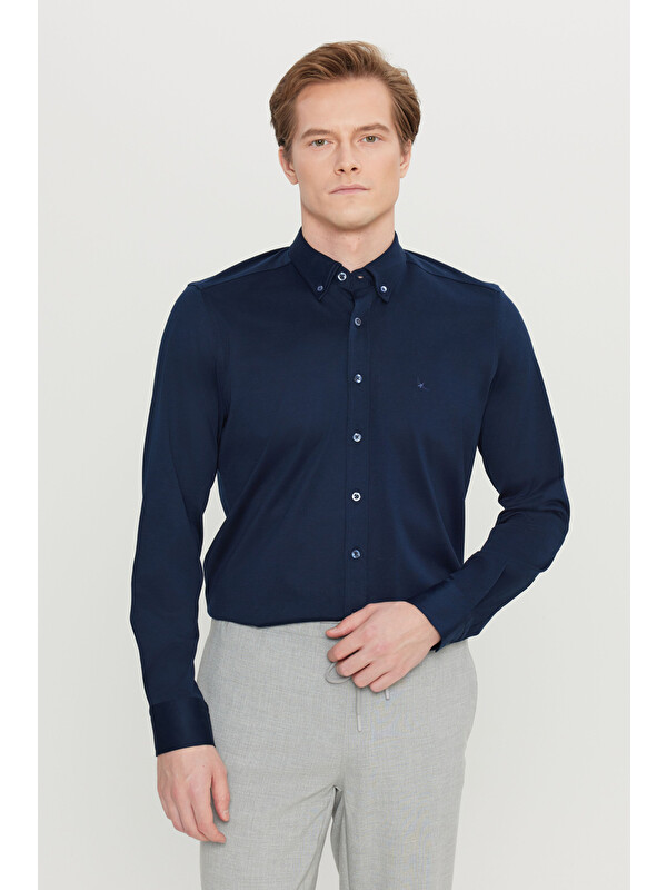 Altınyıldız Classics Erkek Lacivert %100 Pamuk Slim Fit Dar Kesim Düğmeli Yaka Örme Gömlek