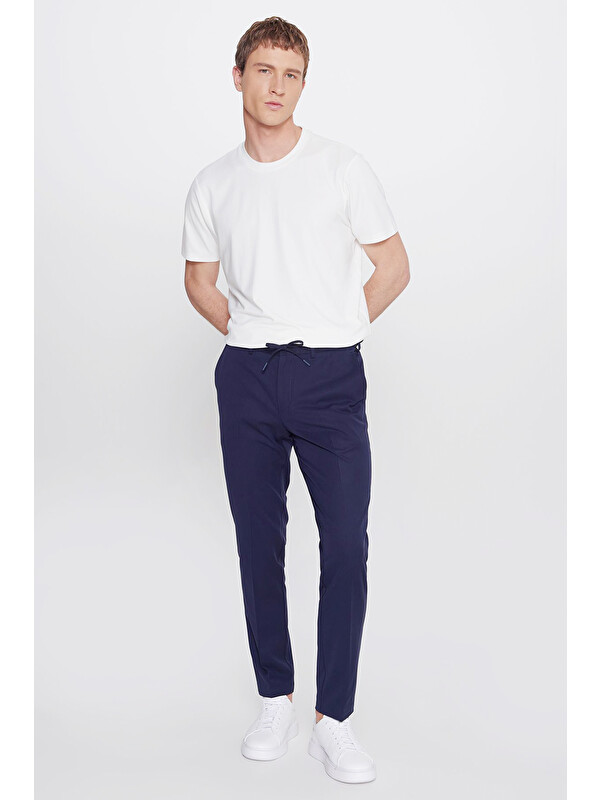 Altınyıldız Classics Erkek Lacivert Slim Fit Dar Kesim Beli Bağlamalı Yan Cepli Casual Esnek Pantolon
