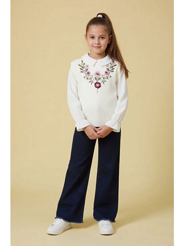 Cansın Mini Bordo Gül Desenli Süveterli Gömlekli Kız Çocuk Jean Pantolonlu 3lü Takım 24109
