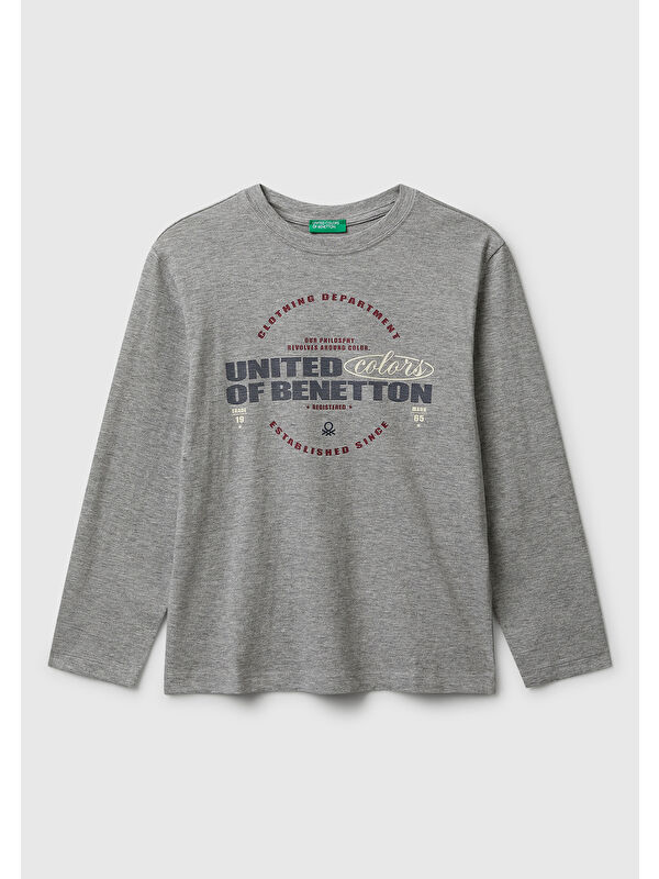 United Colors Of Benetton Erkek Çocuk Gri Melanj Önü Logo Baskılı Bisiklet Yaka Jarse Uzun Kollu T-shirt