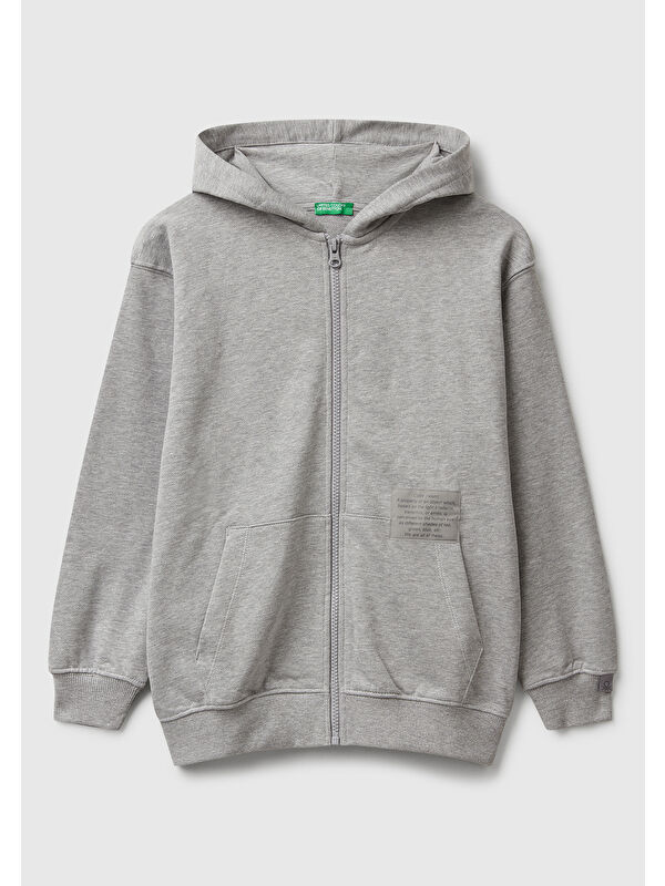 United Colors Of Benetton Erkek Çocuk Gri Melanj Logolu Etiket Detaylı Fermuarlı Kapüşonlu Sweatshirt