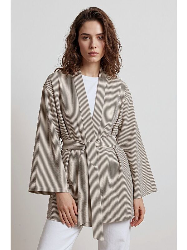 Saade Kahve Kadın Dikey Çizgili Geniş Kollu Yazlık Relaxed Kimono