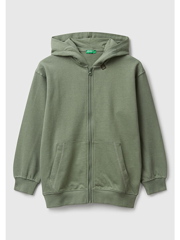 United Colors Of Benetton Erkek Çocuk Haki Logolu Etiket Detaylı Fermuarlı Kapüşonlu Sweatshirt
