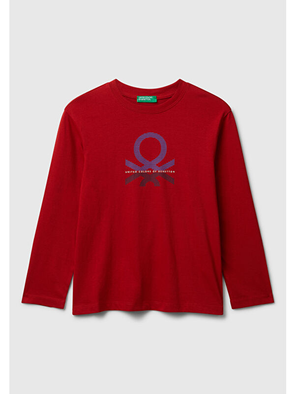 United Colors Of Benetton Erkek Çocuk Kırmızı Önü Logo Baskılı Bisiklet Yaka Jarse Uzun Kollu T-shirt