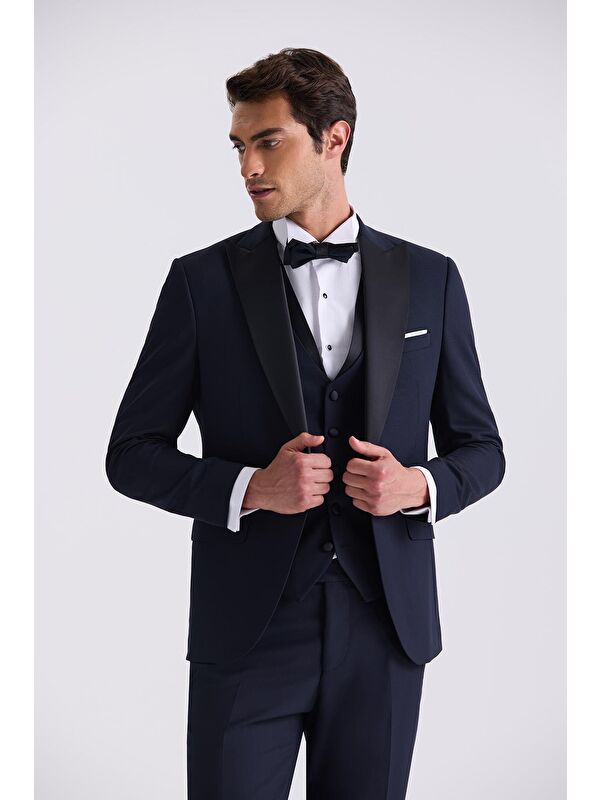 JAKAMEN Lacivert Slim Fit Sivri Yaka Yelekli Smokin Takım Elbise