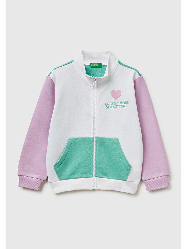 United Colors Of Benetton Kız Çocuk Beyaz Mix Simli Grafik Baskılı Logolu Cepli Fermuarlı Sweatshirt