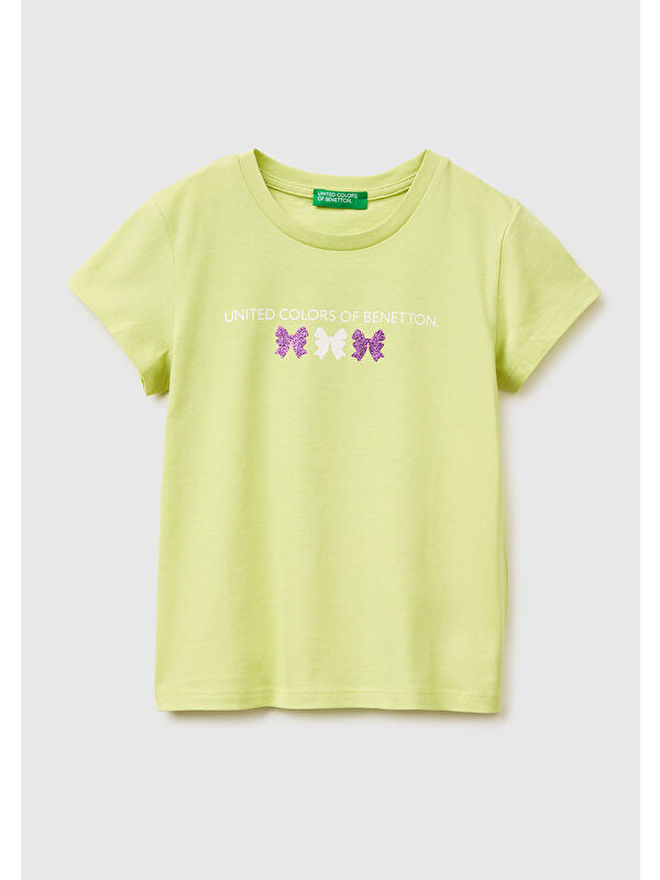 United Colors Of Benetton Kız Çocuk Sarı Simli Grafik Baskılı Kısa Kollu Ribanalı Yaka T-Shirt