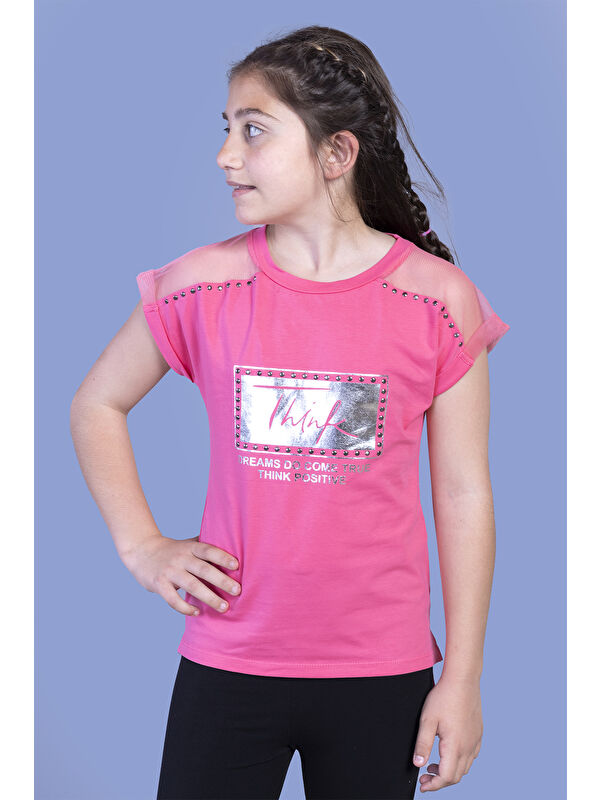 Toontoykids Kız Çocuk Omuzu Tül Detaylı Varak Baskılı Tişört