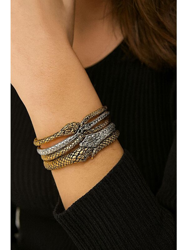 New Obsessions Vintage Yılan Formlu Gold & Silver Bileklik Seti– Lüks Tasarım