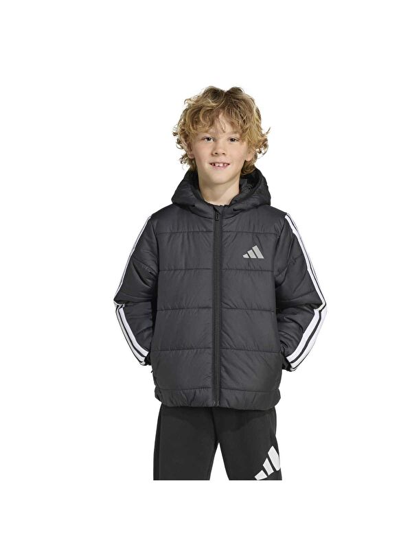 Adidas Essentials 3 Stripes Çocuk Siyah Kapüşonlu Mont