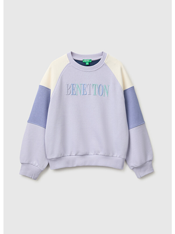 United Colors Of Benetton Kız Çocuk Lila İşlemeli Renk Bloklu Reglan Kollu Bisiklet Yaka Sweatshirt