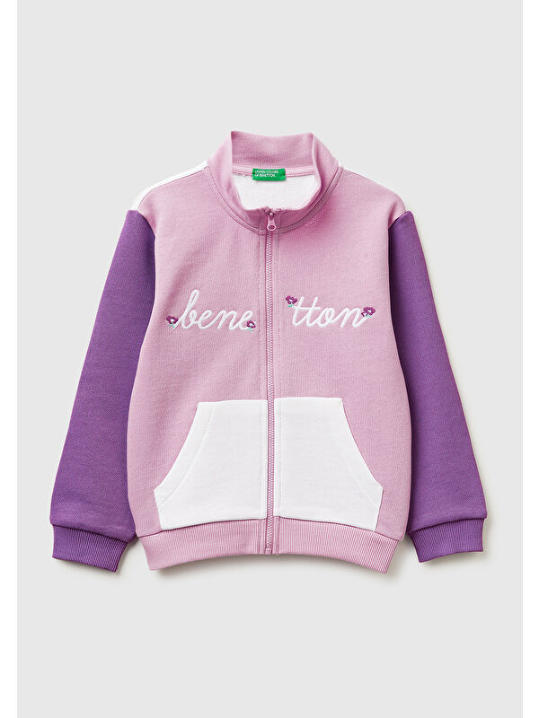 United Colors Of Benetton Kız Çocuk Lila-Beyaz Mix Simli Grafik Baskılı Logolu Cepli Fermuarlı Sweatshirt