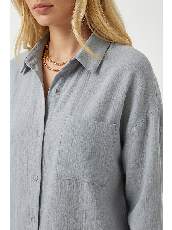 Happiness İstanbul Oversize Basic Müslin Gömlek ORTA GRİ LMX0002