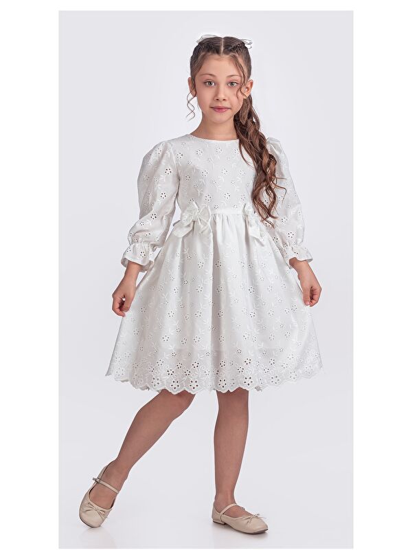 Pina Kids Kız Çocuk Uzun Kollu Kolları Lastikli Gupürlü Kurdele Detaylı Elbise ELB.2774