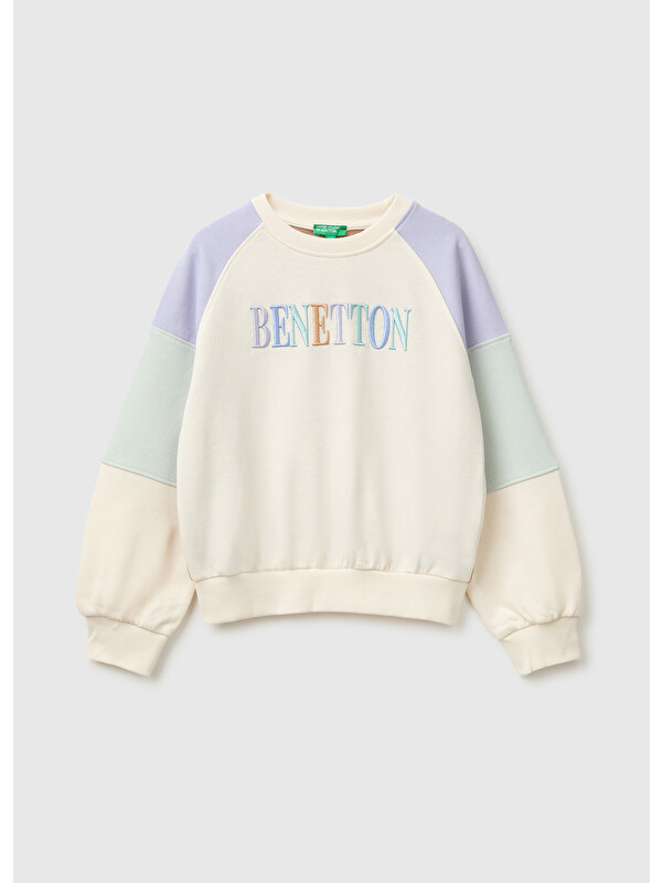 United Colors Of Benetton Kız Çocuk Krem Mix İşlemeli Renk Bloklu Reglan Kollu Bisiklet Yaka Sweatshirt