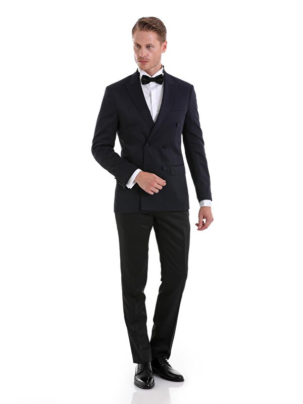 Hatemoğlu Lacivert Slim Fit Düz Sivri Yaka Klasik Kruvaze Smokin Damatlık