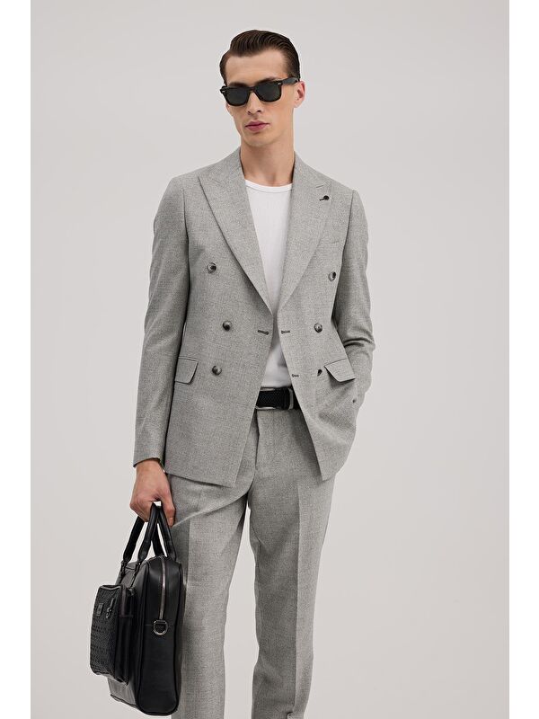 JAKAMEN Gri Slim Fit Ekoseli Kruvaze Takım Elbise