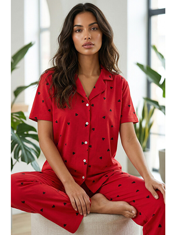 Siyah İnci Kırmızı Kısa Kollu Pamuklu Düğmeli Pijama Takımı