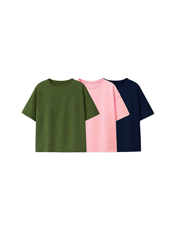 ZUZUNGA Besic 3'Lü Kız Çocuk T-Shirt ( Pembe - Haki - Lacivert )
