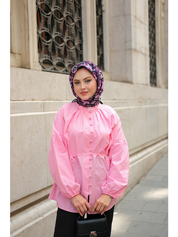 Locco Moda Kadın Brit Düğme Detaylı Gömlek Pembe