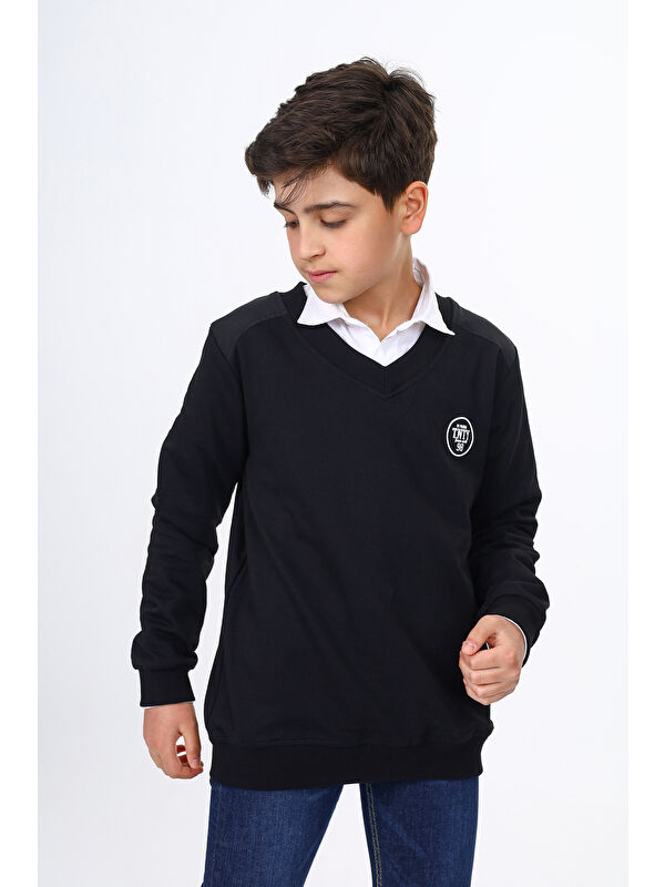 Toontoykids Erkek Çocuk Relax Fit V Yaka Baskılı Okul Sweatshirt