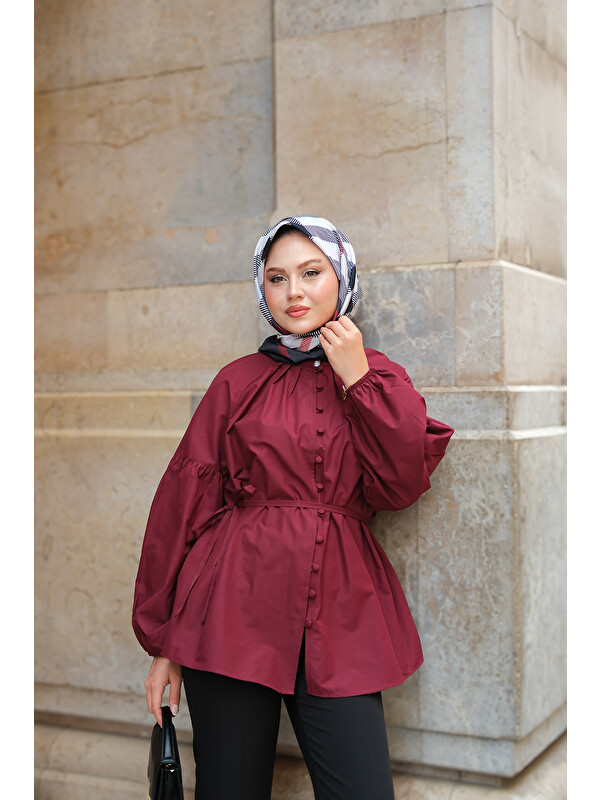 Locco Moda Kadın Brit Düğme Detaylı Gömlek Bordo
