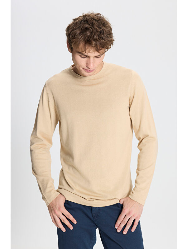 AC&Co / Altınyıldız Classics Erkek Bej Standart Fit Normal Kesim Bisiklet Yaka Triko Kazak