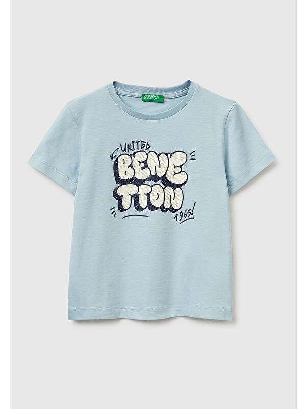United Colors Of Benetton Erkek Çocuk Buz Mavisi Önü Logo Baskılı Yuvarlak Yaka T-Shirt