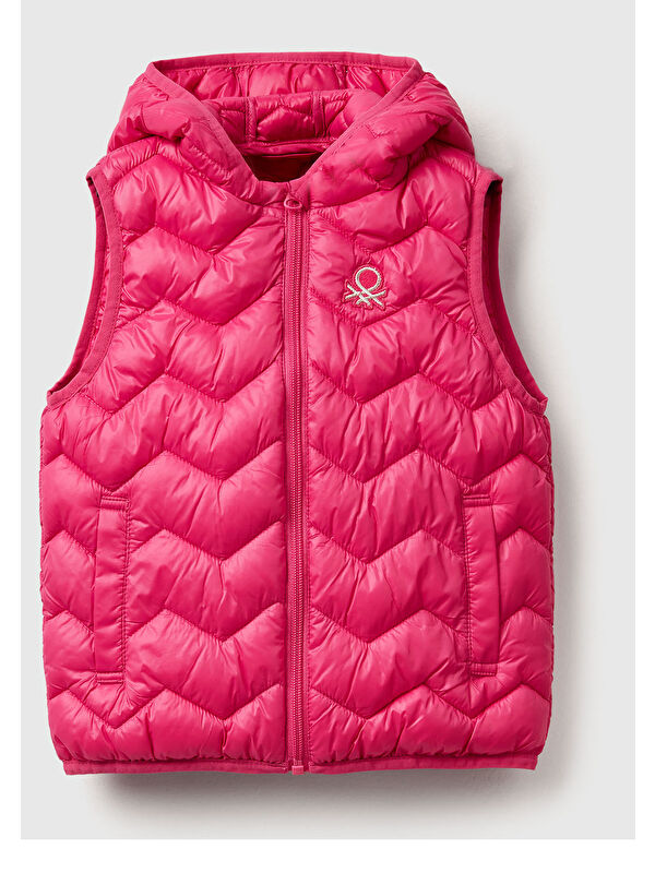 United Colors Of Benetton Kız Çocuk Pembe Simli Logo İşlemeli Kapüşonlu Yelek