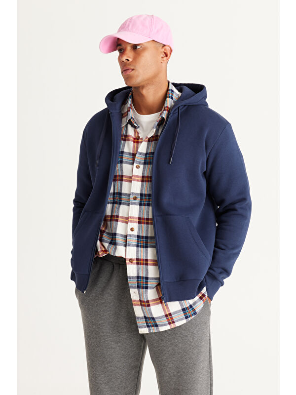 AC&Co / Altınyıldız Classics Lacivert Standart Fit Normal Kesim Kapüşonlu Erkek Fermuarlı Sweatshirt Hırka