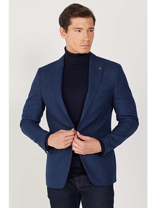 Altınyıldız Classics Erkek Lacivert  Dar Kesim Kırlangıç Yaka Desenli Blazer Ceket