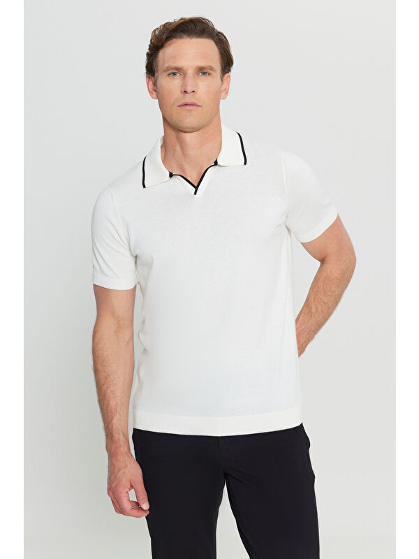 Altınyıldız Classics Erkek Beyaz %100 Pamuk Standart Fit Normal Kesim Polo Yaka Triko Tişört