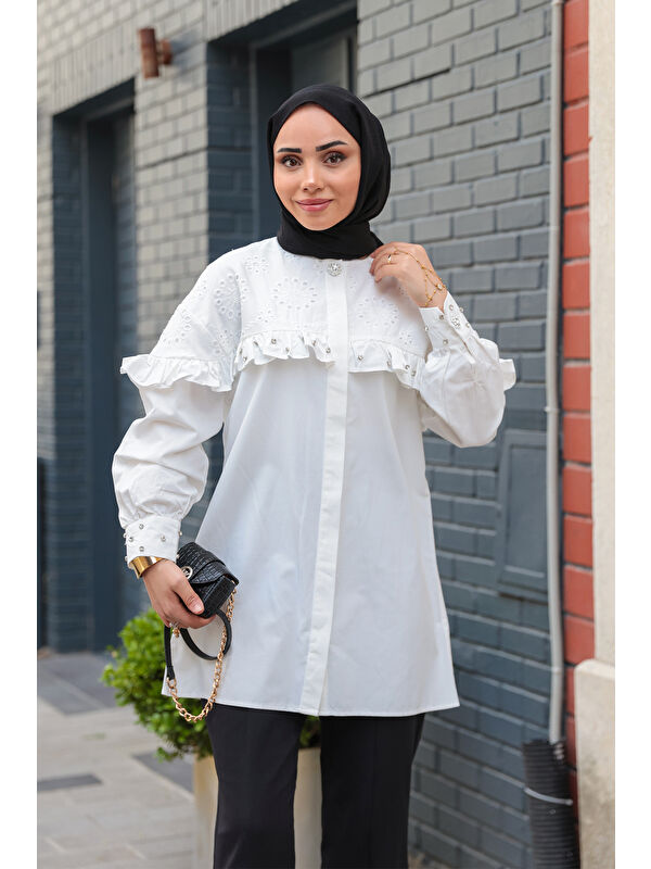 Locco Moda Kadın Brode Detay Taşlı Gömlek Beyaz