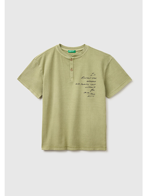 United Colors Of Benetton Erkek Çocuk Haki İşleme Detaylı Yuvarlak Yaka T-Shirt
