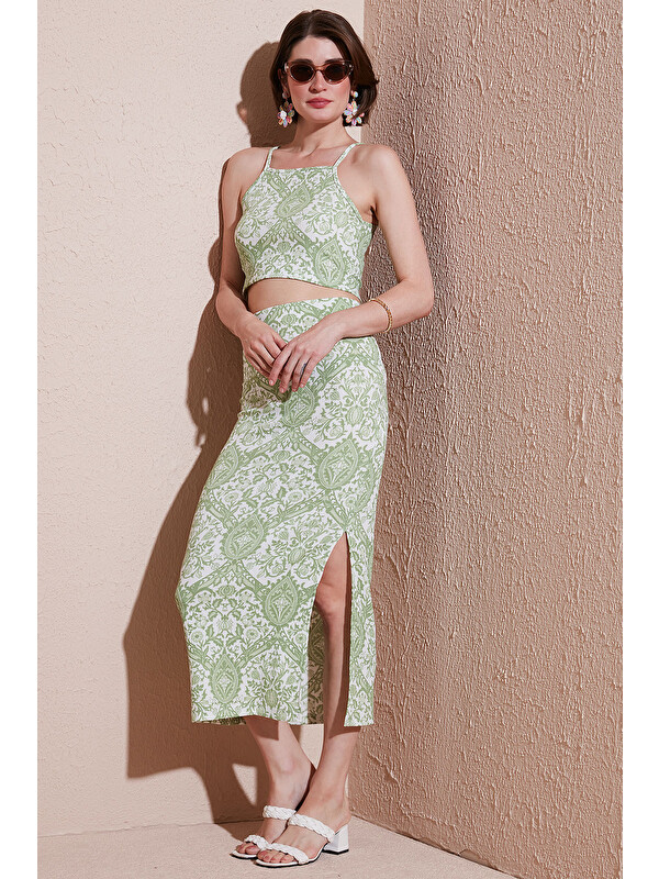 Lela Slim Fit İp Askılı Yırtmaçlı Midi Alt-Üst Takım 5869021