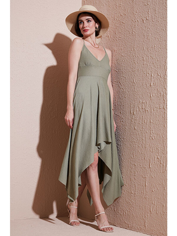 Lela Asimetrik Kesim Regular Fit Midi Boy Askılı V Yaka Elbise 5866131