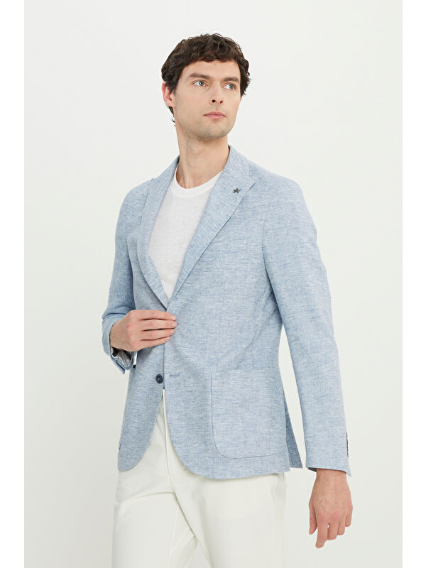 Altınyıldız Classics Erkek Mavi Keten Slim Fit Dar Kesim Kırlangıç Yaka Balıksırtı Desenli Blazer Ceket