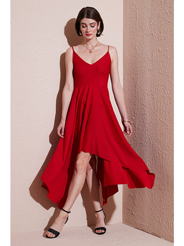 Lela Asimetrik Kesim Regular Fit Midi Boy Askılı V Yaka Elbise 5866131