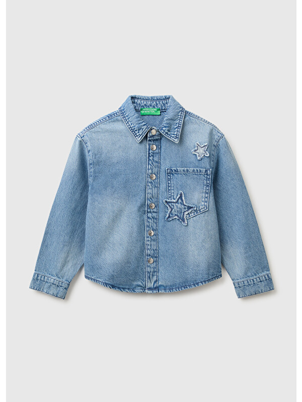 United Colors Of Benetton Kız Çocuk Açık Denim Yıldız Arma Detaylı Denim Gömlek